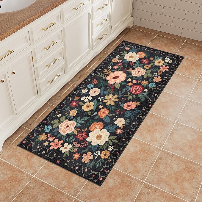 DUKINO 2x4 Entryway Rug, Floral Washable Kitchen Rugs Non Slip, Black | Low Pile, Soft Indoor Runner Rug for Hallway, Bedroom, Bathroom, Laundry, Pet Friendly, Modern Home Decor, Stain Resistant