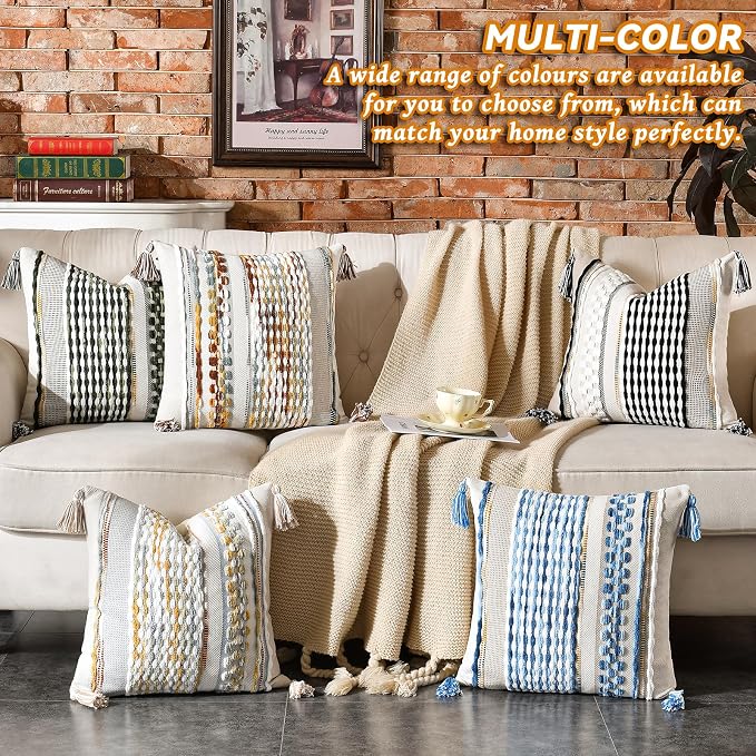 AmHoo Set of 2 Chenille Striped Textured Boho Throw Pillow Covers Aesthetic with Tassels Woven Decorative Pillow Case for Couch Bed Sofa Bedroom Modern Funky 18 x 18-Inch Sage Green
