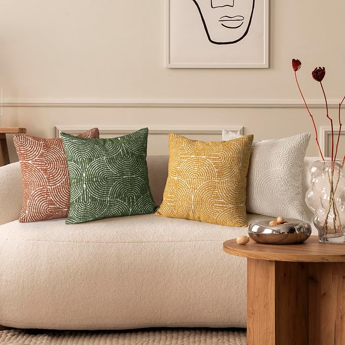 AELS Boho Decorative Textured Throw Pillow Covers 18x18, Modern Mid Century Rainbow Tufted Pillow Case, Farmhouse Rustic Geometric Woven Cushion Case for Bed Couch Sofa, Olive Green