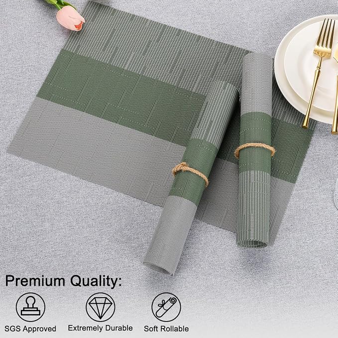 Placemats Set of 6, Vinyl Woven Heat-Resistant Place Mats | Washable Wipeable PVC Table Mats, Non Slip Placemat for Kitchen Dining Indoor Outdoor Table (Gray Sage Green, Set of 6)