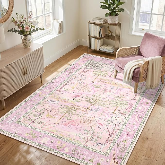 8x10 Washable Rug for Living Room Purple Animal Print Large Bedroom Rugs Non Slip Forest Nursery Girls Room Throw Carpet Stain Resistant Whimsical Safari Area Rugs for Home Office, Lavender