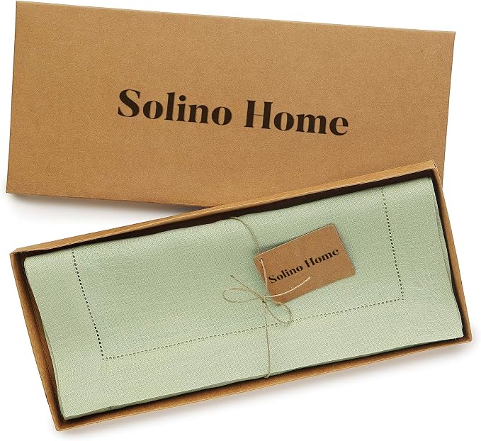 Solino Home 100% Linen Table Runner Green, Classic Hemstitch 14 x 90 in | a graceful centrepiece for dining and gatherings, hemstitched border, mitered corners, machine washable, OEKO-TEX Certified