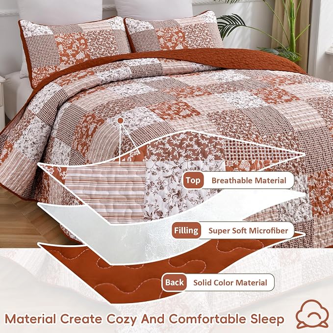 Mybedsoul Burnt Orange Boho Quilt Queen Size, Patchwork Fall Bedding Set | Soft Lightweight Microfiber Floral Coverlet Set, 3 Pieces Plaid Reversible Bedspread, Bed Sets for All Seasons 96"x90"