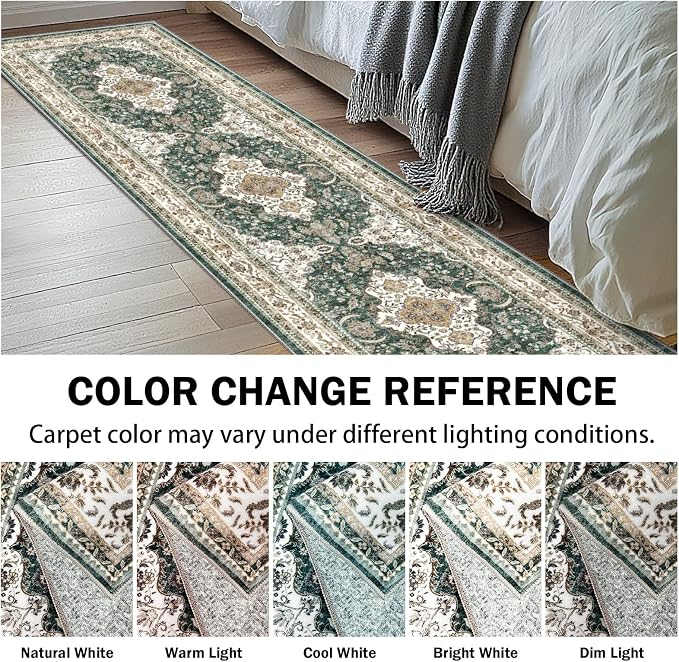 AooHHooA Boho Washable 2x6 Runner Rugs Green Non Slip Low Pile Vintage Runner Rug, Stain Resistant Soft Faux Wool Runners for Hallway Laundry Entryway Bedroom