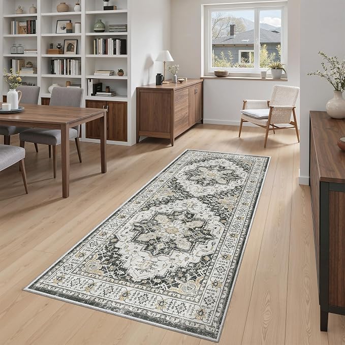 Madane Washable Runner Rug 3x6 Runners for Hallways Non Slip, Black | Vintage Stain-Resistant 6 Feet Kitchen Rug, Soft Low-Pile Ultra-Thin Floor Carpet Mat for Bathroom Laundry Room Bedroom 2x6ft