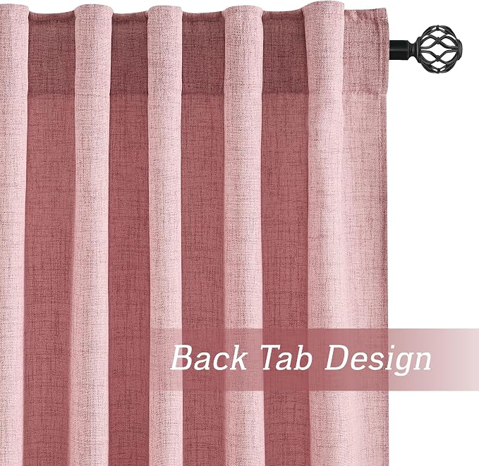RYB HOME Linen Semi Sheer Curtains for Bedroom Living Room 96 inches Long | Light Filtering Privacy, Farmhouse Rustic Decor, Office Balcony Sliding Glass Door, W52 x L96, 2 Panels, Peach Blush