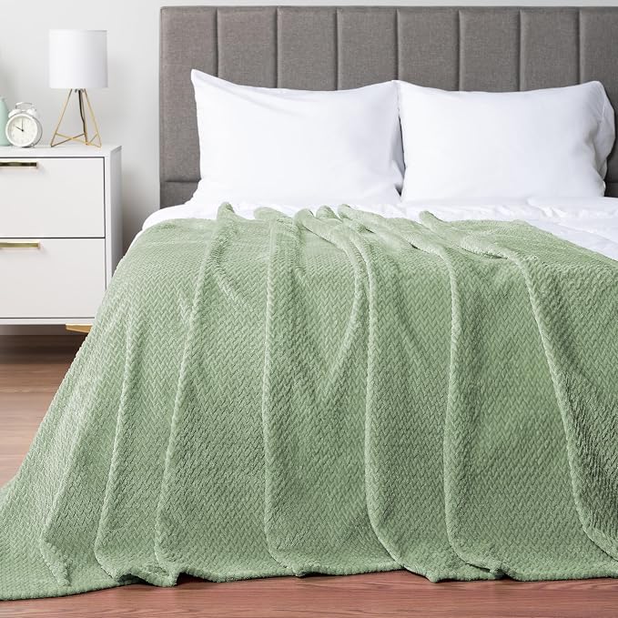 PAVILIA Soft Fleece Light Green Throw Blanket for Couch, Lightweight Plush Warm Blankets for Bed, Fuzzy Cozy Flannel Blanket Throw for Sofa, Travel, Jacquard Pattern, Sage Green, 50x60 inch