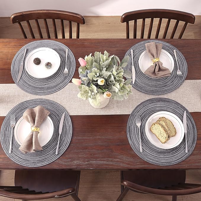 SHACOS Round Placemats Set of 4 Round Braided Placemats 15 inch Cotton Polyester Woven Table Placemats for Dining Table Holiday Party (Black Gray, 4)