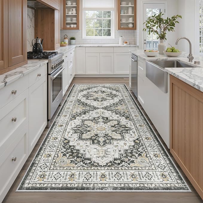Madane 4x8 Wide Hallway Runner Rug Washable for Living Room, Black | Soft Stain Resistant Ktichen Runners 8ft, Vintage Non Slip Low Pile Area Rugs, Thin Floor Carpet for Bathroom Dining Bedroom