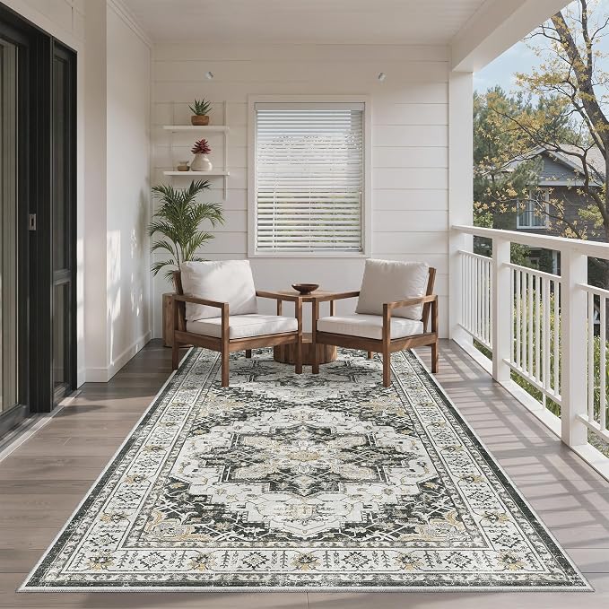 Madane 4x8 Wide Hallway Runner Rug Washable for Living Room, Black | Soft Stain Resistant Ktichen Runners 8ft, Vintage Non Slip Low Pile Area Rugs, Thin Floor Carpet for Bathroom Dining Bedroom