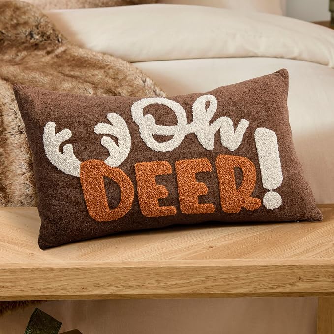 Embroidered Deer Christmas Pillow Covers 12x20, Cute Christmas Throw Pillow Covers Christmas Decorations Holiday Pillows for Home Couch,Brown/Pumpkin