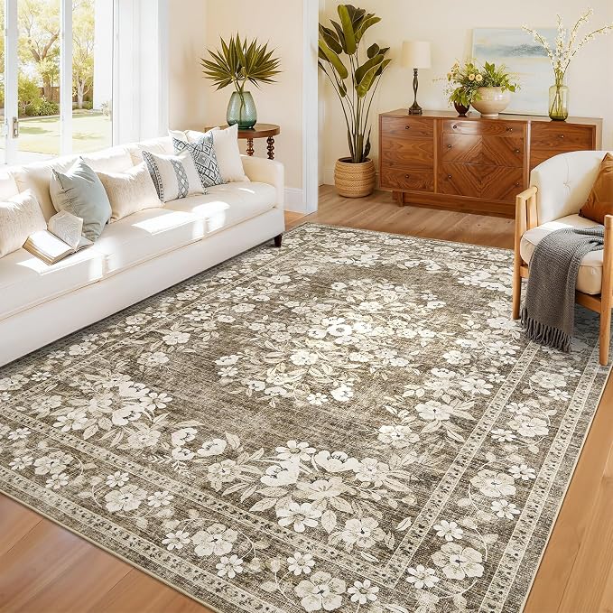 GarveeHome 9x12 Rug for Luxury Living Room Vintage Leaf Flower Carpets | Distressed Botanical Brown Rugs for Large Guest Room Non-Slip Low Pile Vintage Floral Bordered Area Rug for Office Dining