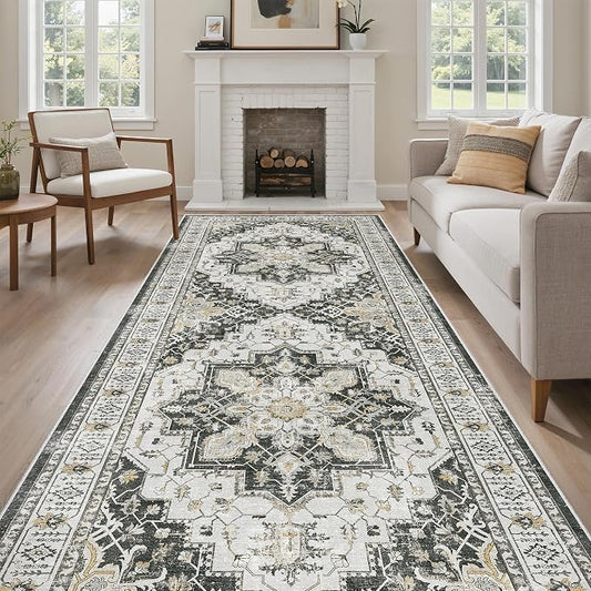Madane 4x12 Wide Hallway Runner Rug Washable for Living Room, Black | Soft Stain Resistant Ktichen Runners 12ft, Vintage Non Slip Low Pile Area Rugs, Thin Floor Carpet for Bathroom Dining Bedroom