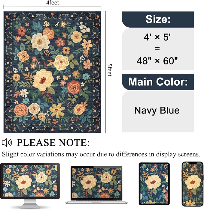 DUKINO 4x5 Area Rug for Entryway, Floral Washable Rug Non Slip, Navy Blue | Low Pile, Lightweight, Soft Indoor Carpet for Bedroom, Kitchen, Living Room, Nursery, Pet Friendly, Non-Shedding, Home Decor