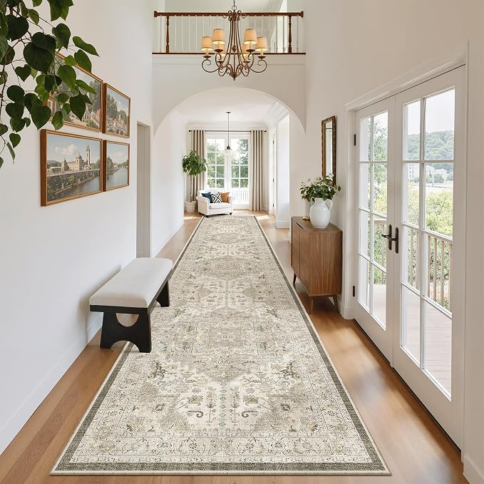 Madane Hallway Runner Rug 2'6''x14' Kitchen Runners Vintage, Ivory/Brown | Long Non-Slip Washable Rugs 14ft for Entryway Laundry and Bedroom, Soft Low Pile Stain-Resistant 2.5x14 Ft Floor Carpet
