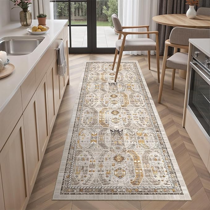 Madane Hallway Runner Rug 2x5 Washable Entry Rugs Non-Slip, Brown/Gold | Vintage Printed Low-Pile Kitchen Runners, Soft Low-Pile Stain-Resistant Throw Carpet for Bedroom Entrance Laundry Room 2'x5'