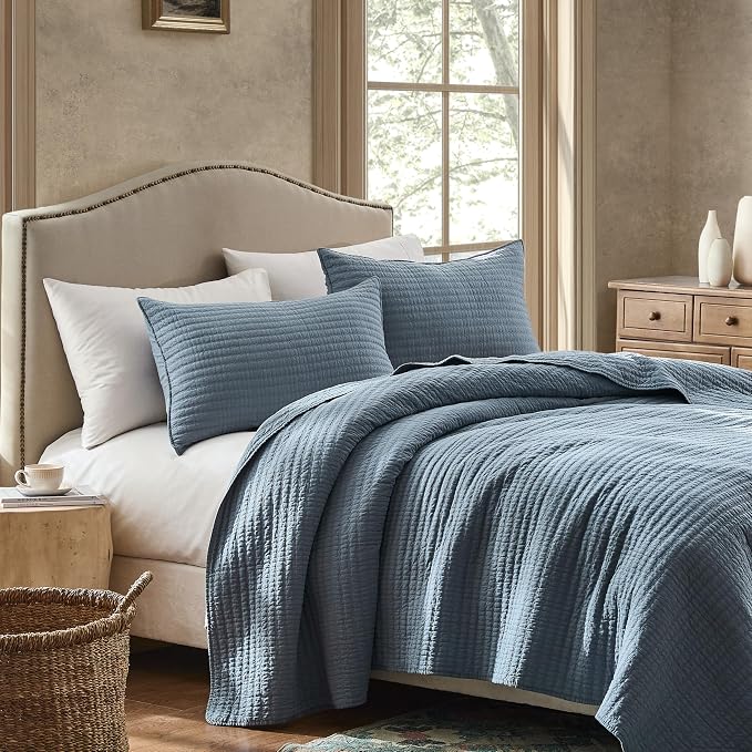 WDCOZY 100% Cotton Queen Size Quilt Set - Blue Striped Pick Stitch Soft Lightweight Bedspread, Textured Like Linen, Farmhouse Country Rustic Coverlet, Shabby Chic Gauze Bedding, 3 Pieces