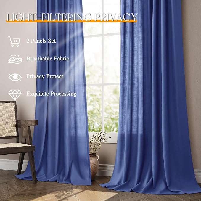 Jowels Classic Blue Linen Curtains 84 Inch Long 2 Panels for Living Room | Light Filtering Semi Sheer Curtain, Back Tab Pocket Pleated Look, Boho Farmhouse Textured Privacy Drapes for Bedroom Window