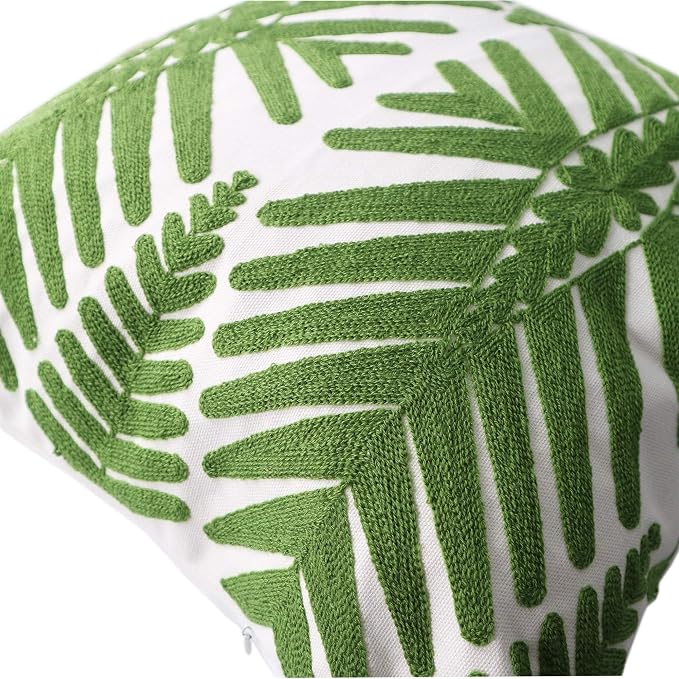 Tropical Leaf Embroidery Throw Pillow Covers 18x18 Inches Decorative Floor Pillow Cover for Couch Green Leaf 100% Cotton Cushion Cover Symmetric Palm Leaves Embroidered 45x45cm, 1 Piece
