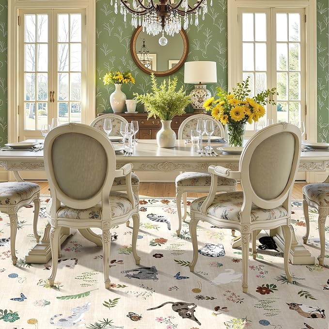 AIMPEAK Large 8x10 Washable Area Rug - Non Slip Low Pile Cat Floral Vintage Boho Large Carpet for Living Room, Bedroom, Farmhouse, Dining Room, Nursery, Girls Room, Kids Playroom, Beige Multi