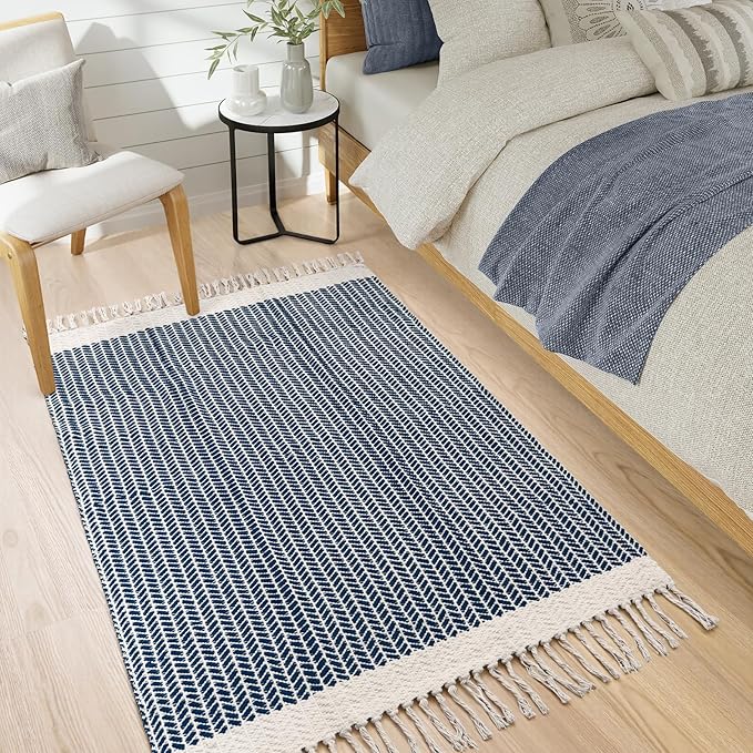 Lahome Boho Bathroom Rugs, 3x5 Washable Area Rug for Kitchen Bedroom Entry | Bath Door Mat with Tassels Woven Cotton, Farmhouse Navy Blue Lightweight Throw Carpet for Entryway Living Room Laundry Decor