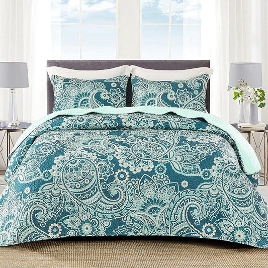Whale Flotilla Patchwork Quilt King Size, Extra Soft Boho Paisley Bedspread | Reversible Lightweight King Quilt Bedding Set for Bed, Turquoise Printed Coverlets with 2 Pillow Shams for All Seasons
