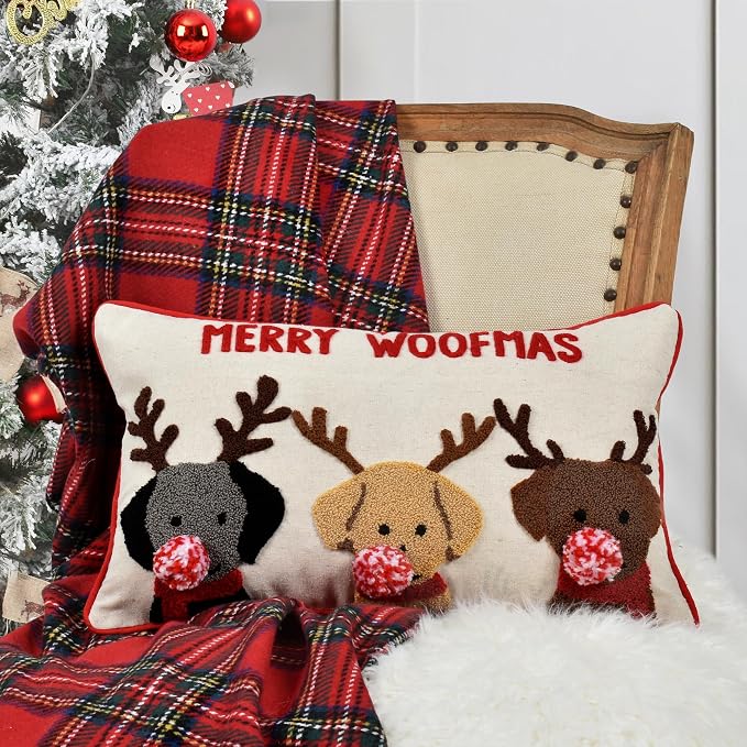 Merry Woofmas Christmas Pillow Covers 12x20, Cute Dog Embroidered Throw Pillowcases Christmas Decorations Holiday Pillows for Home Couch,Linen/red
