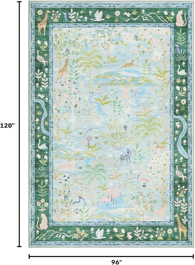 8x10 Washable Rug for Living Room Blue Animal Print Large Bedroom Rugs Non Slip Forest Nursery Girls Room Throw Carpet Stain Resistant Whimsical Safari Area Rugs for Home Office, Teal/Blue