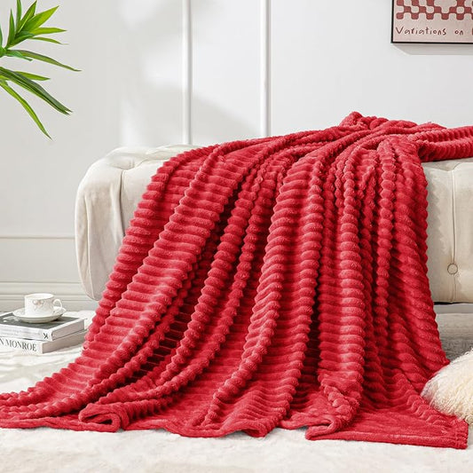 BEDELITE 3D Ribbed Jacquard Red Fleece Twin Blanket for Bed, 60x80 Inch | Soft Warm Decorative Fluffy Blanket, Cozy Plush Lightweight Fuzzy Throw Blanket for Couch Sofa Room Decor, Gift for Women