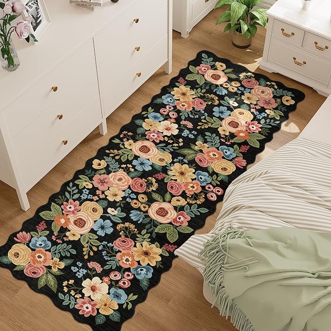 DUKINO 2.6x8 Runner Rug, Floral Washable Kitchen Rugs Non Slip, Black | Low Pile, Stain Resistant, Soft Throw Carpet Runner for Hallway, Entryway, Bedroom, Bathroom, Pet Friendly, Modern Home Decor