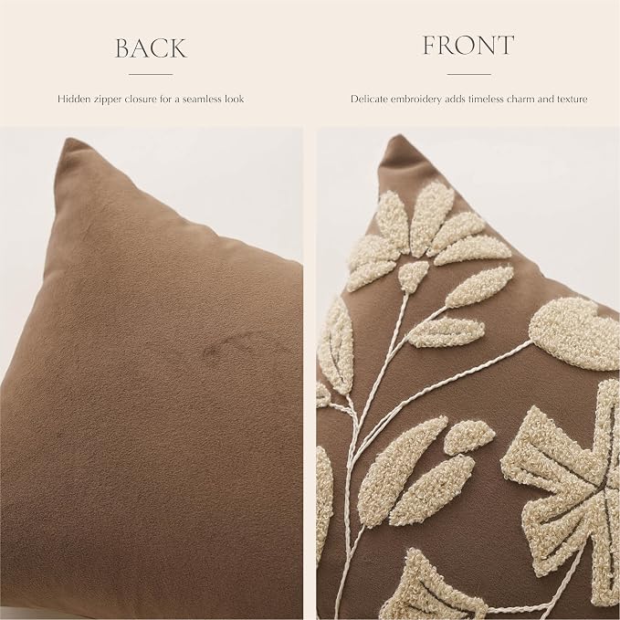 BlissBlush 20x20 Throw Pillow Cover, Square Brown Decorative Cushion Cover for Couch Sofa, Embroidered Velvet Farmhouse Accent Pillowcase (Cover Only)