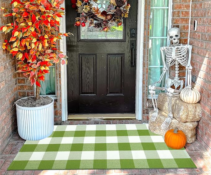 Buffalo Plaid Outdoor Rug 24''x51''Green and White Checkered Front Porch Rug Cotton Woven Washable Door Mat Outdoor for Layered Hello Welcome Door Mat Farmhouse Entryway