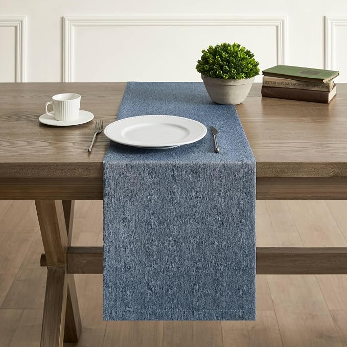 ZeeMart Basic Linen Style Table Runner, 14x72 Inch Navy Blue | Mitered Corner Design, Medium Weight Fabric, Rustic Farmhouse Style, Machine Washable Easy Care Everyday Table Scarf