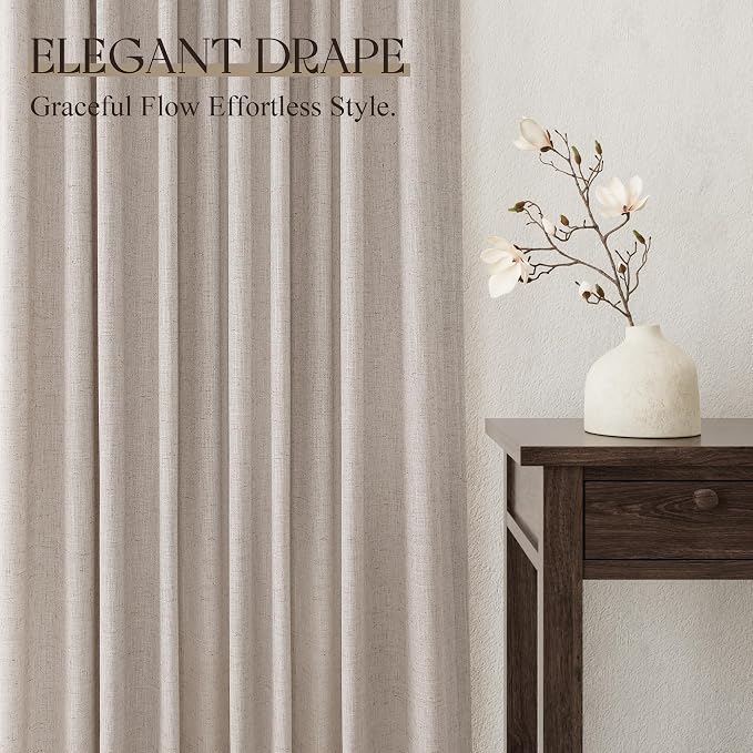 Jowels Oatmeal Linen Curtains 96 Inch Long 2 Panels for Living Room | Light Filtering Semi Sheer Curtain, Back Tab Pocket Pleated Look, Boho Farmhouse Textured Privacy Drapes for Bedroom Window