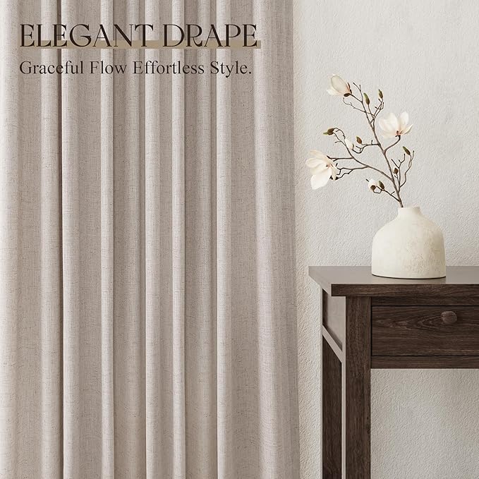 Jowels Oatmeal Linen Curtains 102 Inch Long 2 Panels for Living Room | Light Filtering Semi Sheer Curtain, Back Tab Pocket Pleated Look, Boho Farmhouse Textured Privacy Drapes for Bedroom Window