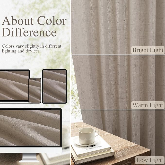 Linen Curtains 84 Inches Long for Living Room Semi Sheer Light Filtering Curtain Back Tab Rod Pocket Neutral Boho Modern Farmhouse Decor Window Drapes for Bedroom 52x84 2 Panels Ecru