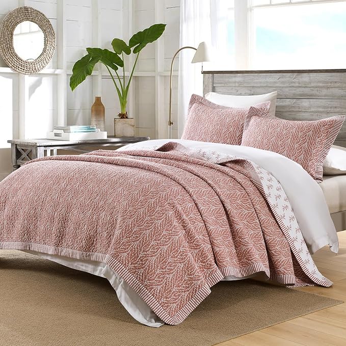 SahSahCasa Quilt Set King Size, 100% Cotton Quilt Bedding Set Bedspread, Botanical Pattern Solid Color Chic Lightweight Quilted Comforter for King Bed, White/Old Rose, All Season, 3 Pieces