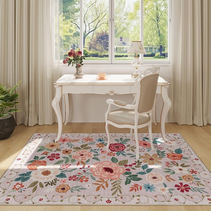 DUKINO 4x6 Area Rug, Floral Washable Rug Non Slip Office Chair Mat, Beige | Low Pile, Stain Resistant, Soft Indoor Rug for Bedroom, Living Room, Dining Room, Kids Room, Pet Friendly, Modern Home Decor