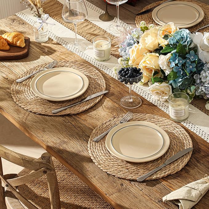 13.8'' Round Woven Placemats Set of 6, Boho Wicker Chargers, Terrekraft | Handmade from Natural Water Hyacinth, Heat-resistant & Non-slip Rattan Chargers, Rustic Farmhouse Decor, Party & Daily Dining