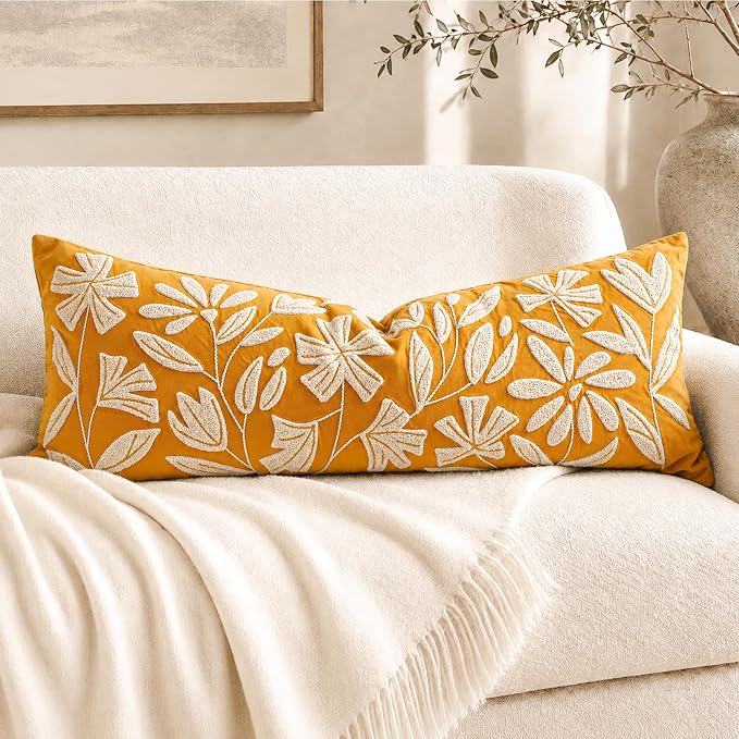 BlissBlush Long Lumbar Pillow Cover 14x36 for Bed, Mustard Floral Tufted Velvet Accent Oversize Throw Pillowcase for Bedroom, Cover Only