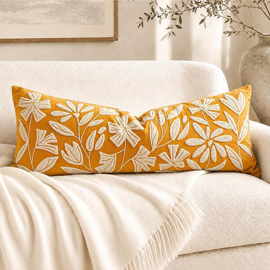 BlissBlush Long Lumbar Pillow Cover 14x36 for Bed, Mustard Floral Tufted Velvet Accent Oversize Throw Pillowcase for Bedroom, Cover Only