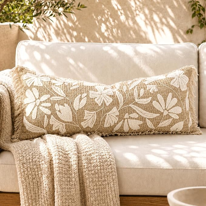 BlissBlush Long Lumbar Pillow Cover 14x36 Indoor Outdoor, Jute Inspired Floral Tufted Accent Oversize Throw Pillowcase for Patio Bed Bedroom, Cover Only