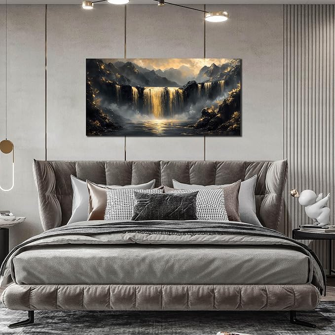 Mountain Pictures Wall Art for Living Room - Black And Gold Wall Decor Office - Modern Art Wall Decor for Bedroom Size 24" x 48"