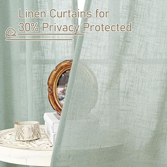 Short Window Linen Curtains 36 Inch Length 2 Panels, 34x36 Inch | Kitchen Window Over Silk, Semi Sheer, Light Filtering, Neutral Drapes for Bathroom, Rod Pocket Back Tab, Light Sage
