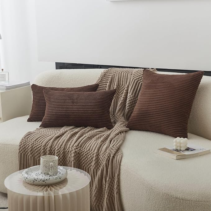 Home Brilliant 24x24 Pillow Covers Set of 2 Striped Corduroy Plush Velvet Euro Sham Large Throw Pillow Cover for Chair, 24 x 24 inch, Brown