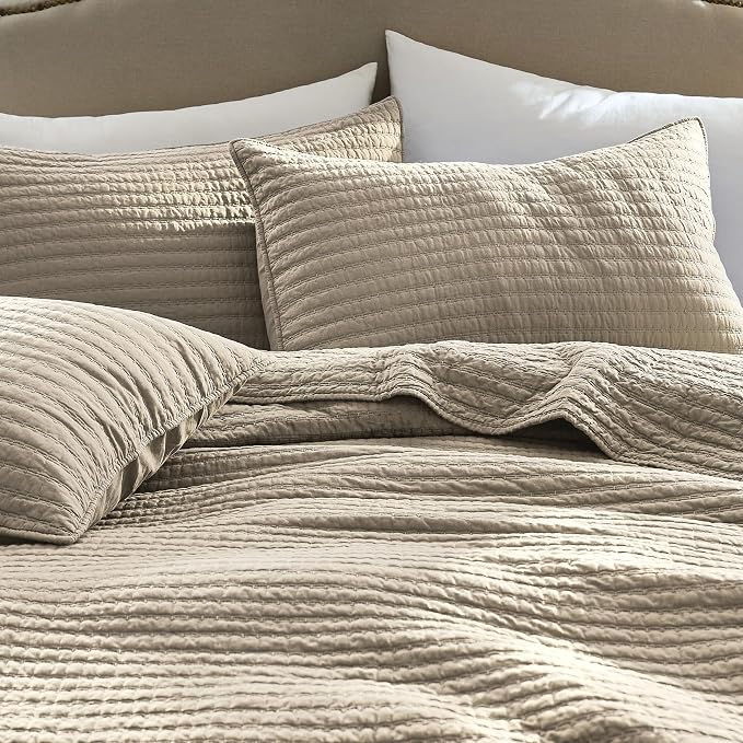 WDCOZY 100% Cotton King Size Quilt Set - Beige Neutral Striped Pick Stitch Soft Lightweight Bedspread, Textured Like Linen, Farmhouse Country Rustic Coverlet, Shabby Chic Gauze Bedding, 3 Pieces