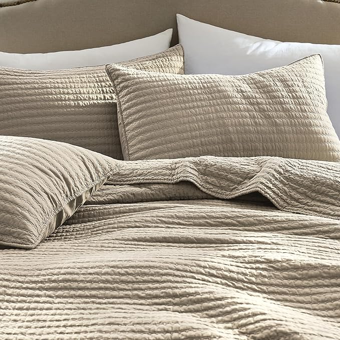 WDCOZY 100% Cotton Twin Size Quilt Set - Beige Neutral Striped Pick Stitch Soft Lightweight Bedspread, Textured Like Linen, Farmhouse Country Rustic Coverlet, Shabby Chic Gauze Bedding, 2 Pieces