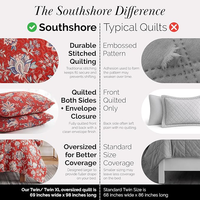 Southshore Fine Living, Inc. Oversized Quilt Bedding Set, 2-Piece Twin XL Coverlet with Matching Sham, Jacobean Willow Floral Coverlet, All Season Quilt Bedspread, Lightweight Twin Quilts, Red