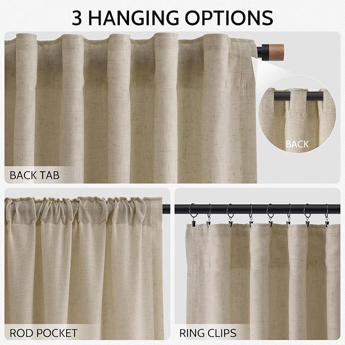Eggshell Beige Curtains for Living Room 72 Inches Long Linen Blend Luxury Light Filtering Semi Sheer Curtain Back Tab Rustic Decor Neutral Elegant Drapes for Bedroom Office 52x72, 2 Panels