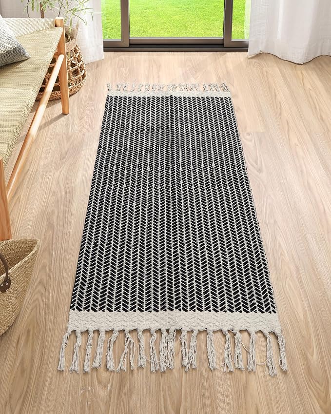 Lahome Boho Bathroom Runner Rug, 2x4.3 Washable Rugs for Kitchen Entryway | Woven Cotton Throw Door Mat with Tassels, Farmhouse Black Non Shedding Lightweight Low Pile Carpet for Entryway Bedroom